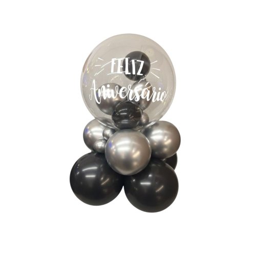 Arranjo com Balão Bubble Preto P Feliz Aniversário