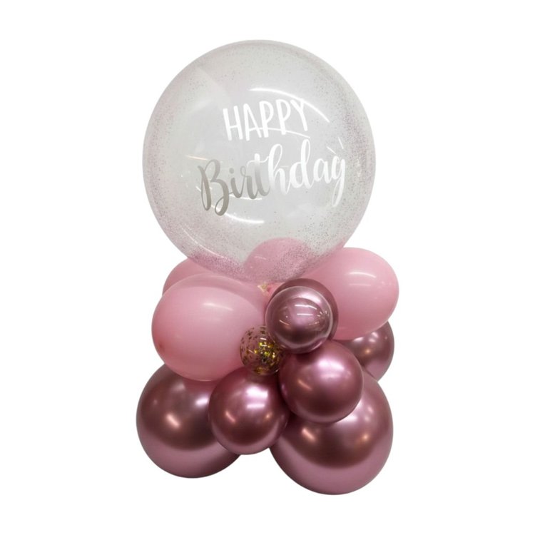 Arranjo com Balão Bubble Rosa G Happy Birthday