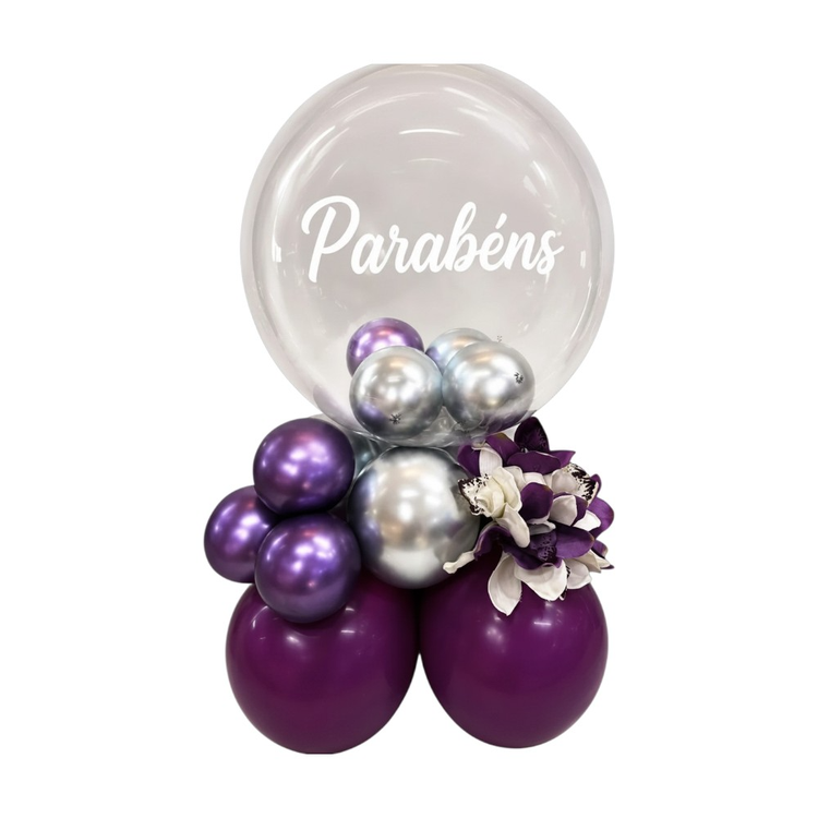 Arranjo de Mesa Bubble Luxo Roxo Parabéns