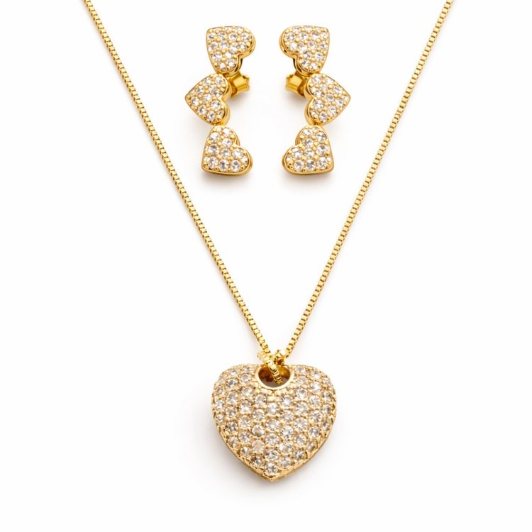 Conjunto Coração Pavê Ouro 18K Semijoia Premium