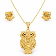 Conjunto Coruja Dourado Semijoia Premium Luxo