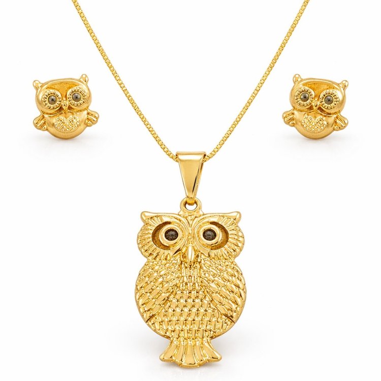 Conjunto Coruja Dourado Semijoia Premium Luxo