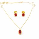 Conjunto Dourado com Pedra Vermelha Oval Luxo