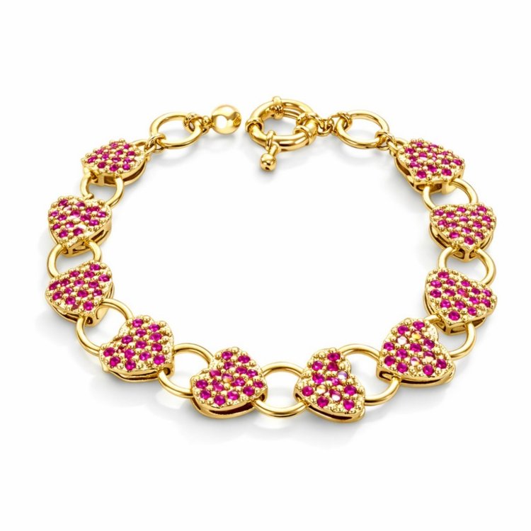 Pulseira Corações Rosa Dourada com Zircônias