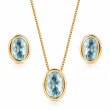 Conjunto Premium Oval Zircônias Azul Banhado a ouro 