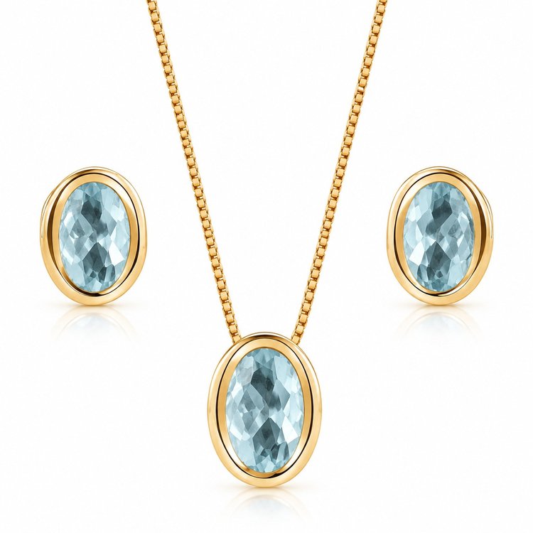 Conjunto Premium Oval Zircônias Azul Banhado a ouro
