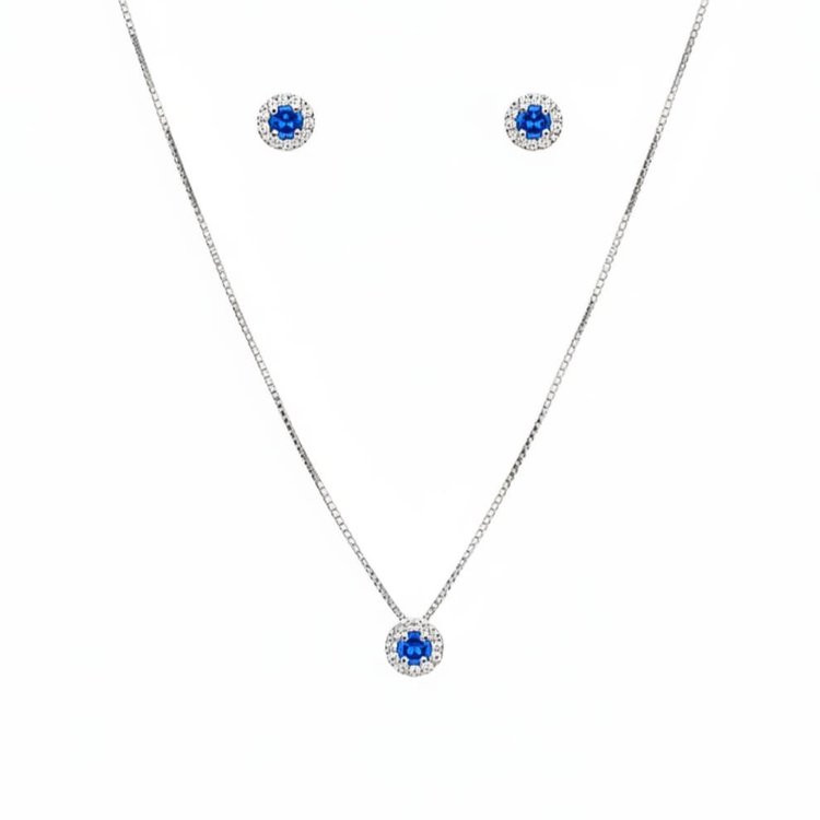 Conjunto Colar Pingente e Brincos Azul - Prata 925