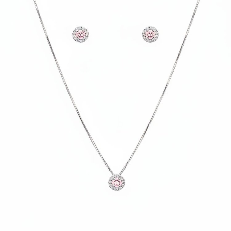 Conjunto Colar Pingente e Brincos Rosa Claro Prata 925