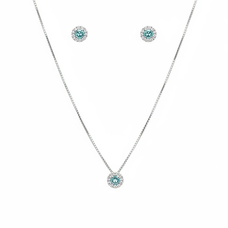 Conjunto Colar Pingente e Brincos Verde Água Prata 925