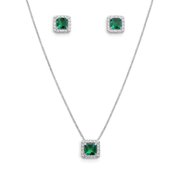 Corrente Pingente e Brincos Quadrados Verde Prata 925