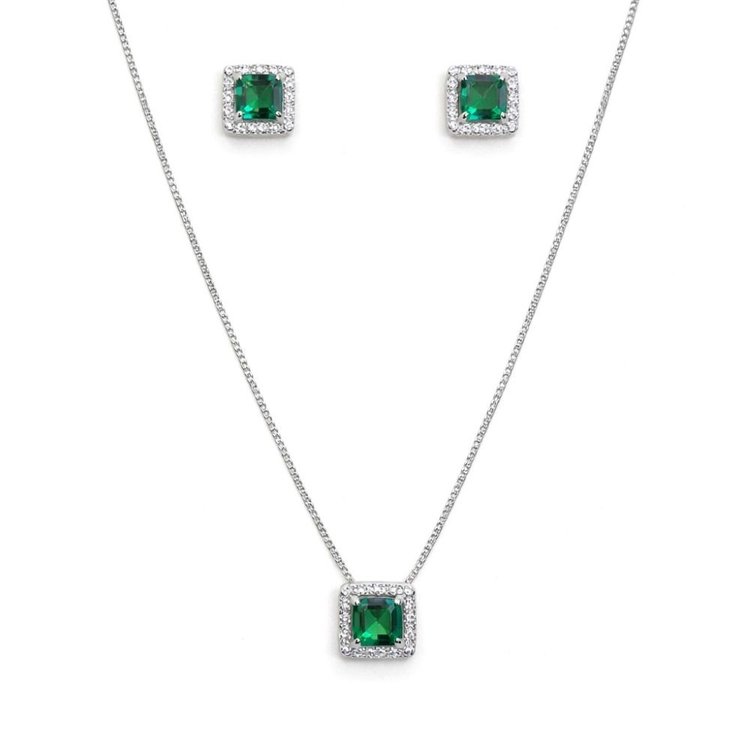 Corrente Pingente e Brincos Quadrados Verde Prata 925