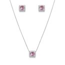 Corrente Pingente e Brincos Quadrados Rosa Prata 925