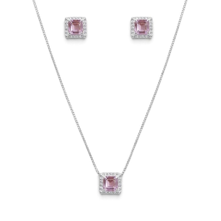 Corrente Pingente e Brincos Quadrados Rosa Prata 925