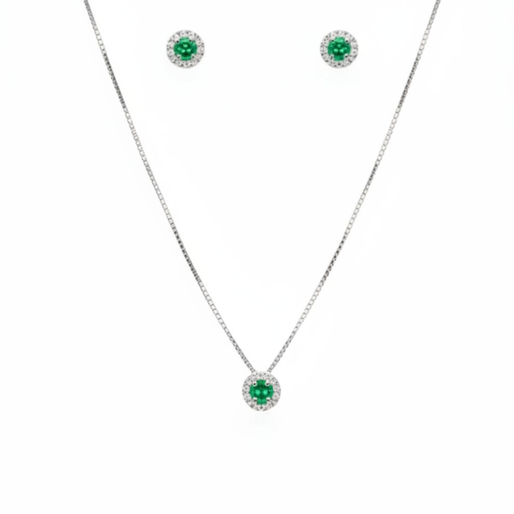 Conjunto Colar Pingente e Brincos Verdes  Prata 925