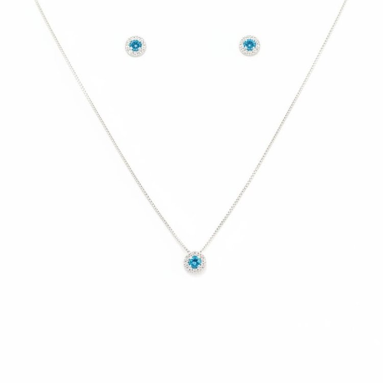Conjunto Colar Pingente e Brincos Azul Bebê Prata 925