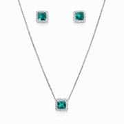 Corrente Pingente e Brincos Verde Tiffany Prata 925