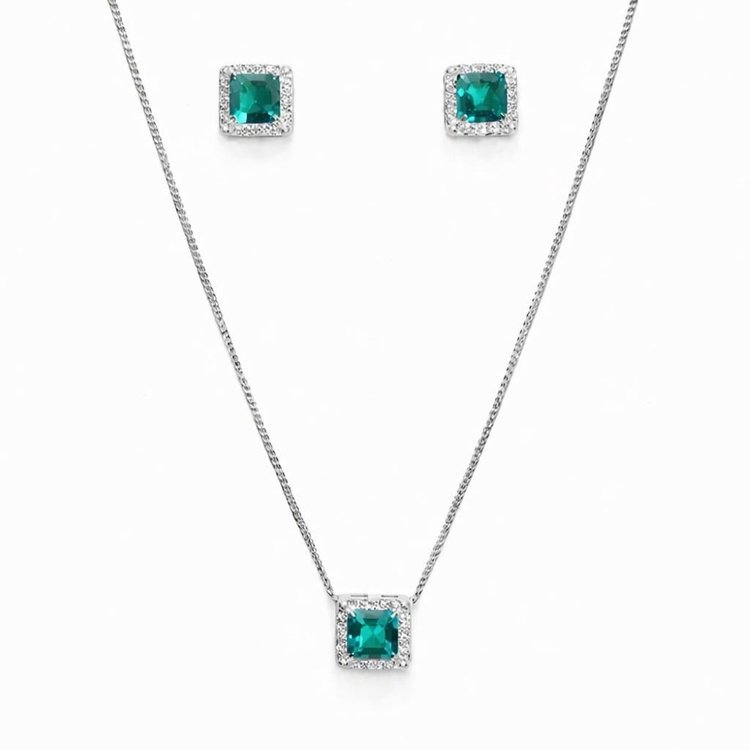 Corrente Pingente e Brincos Verde Tiffany Prata 925