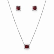 Corrente Pingente e Brinco Quadrado Vermelho Prata 925