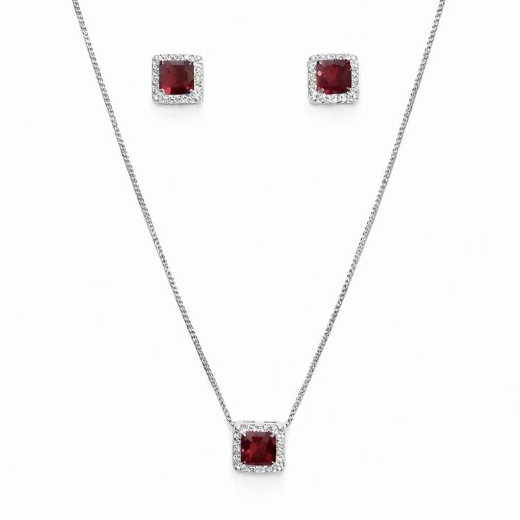 Corrente Pingente e Brinco Quadrado Vermelho Prata 925