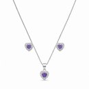 Corrente Pingente e Brincos Coração Roxo - Prata 925