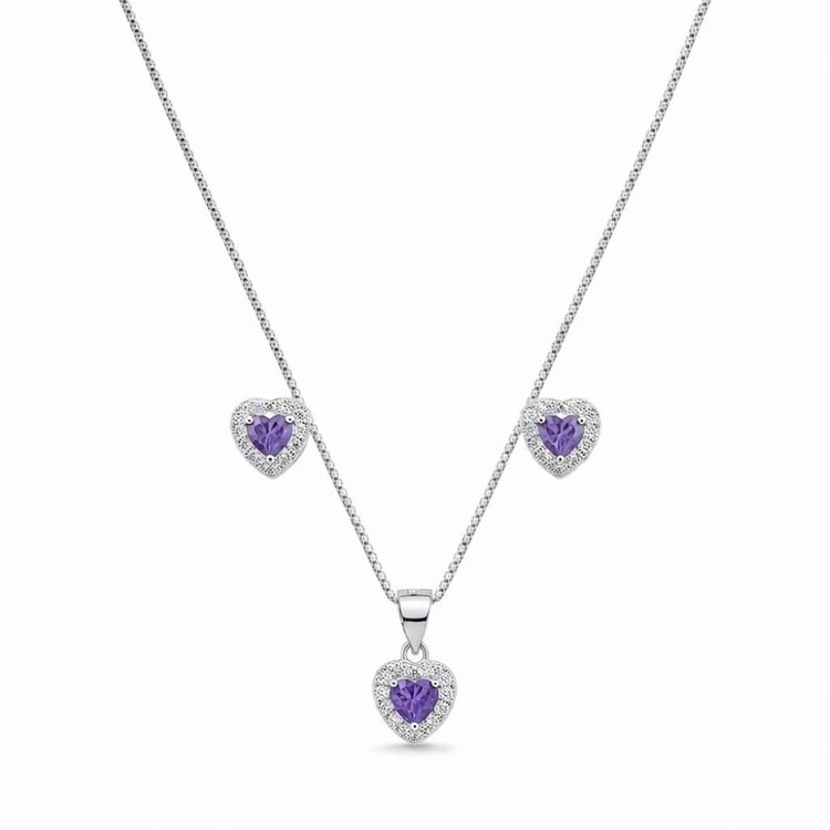 Corrente Pingente e Brincos Coração Roxo - Prata 925
