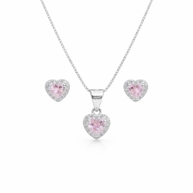 Corrente Pingente Brincos Coração Rosa Claro Prata 925