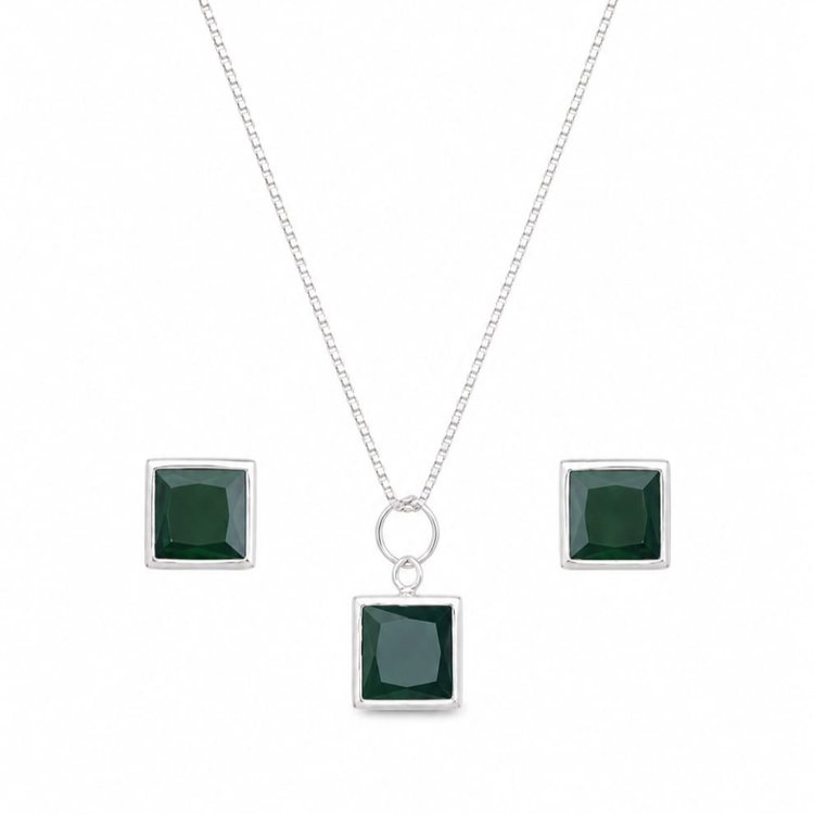Conjunto Pedras Quadradas Verde Prata 925