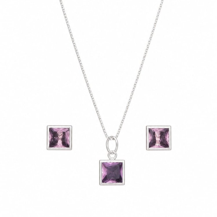 Conjunto Pedras Quadradas Rosa Prata 925