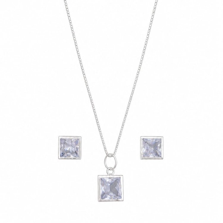 Conjunto Pedras Quadradas Branca Prata 925