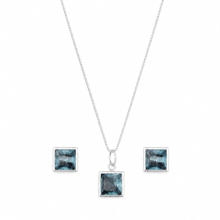 Conjunto Pedras Quadradas Azul Claro Prata 925