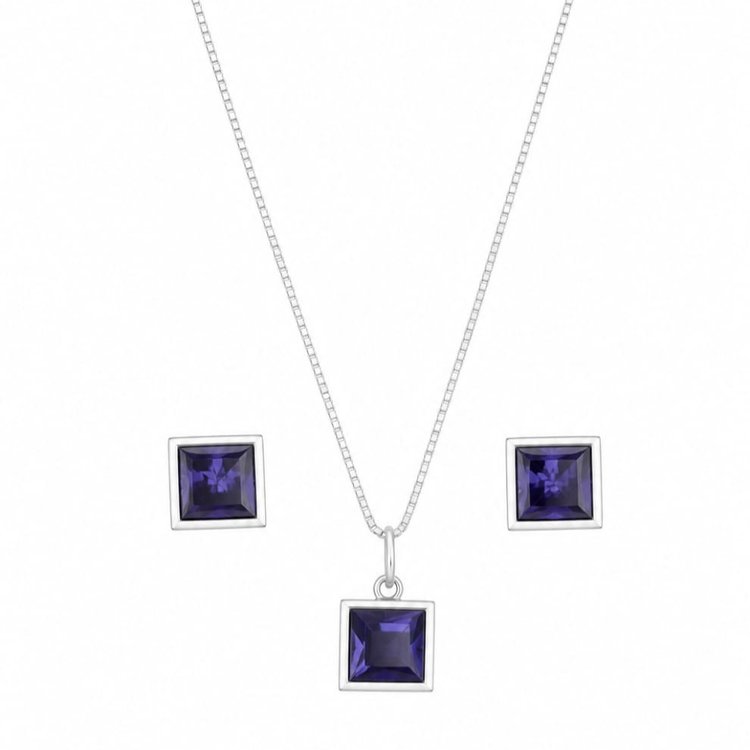 Conjunto Pedras Quadradas Roxo Prata 925