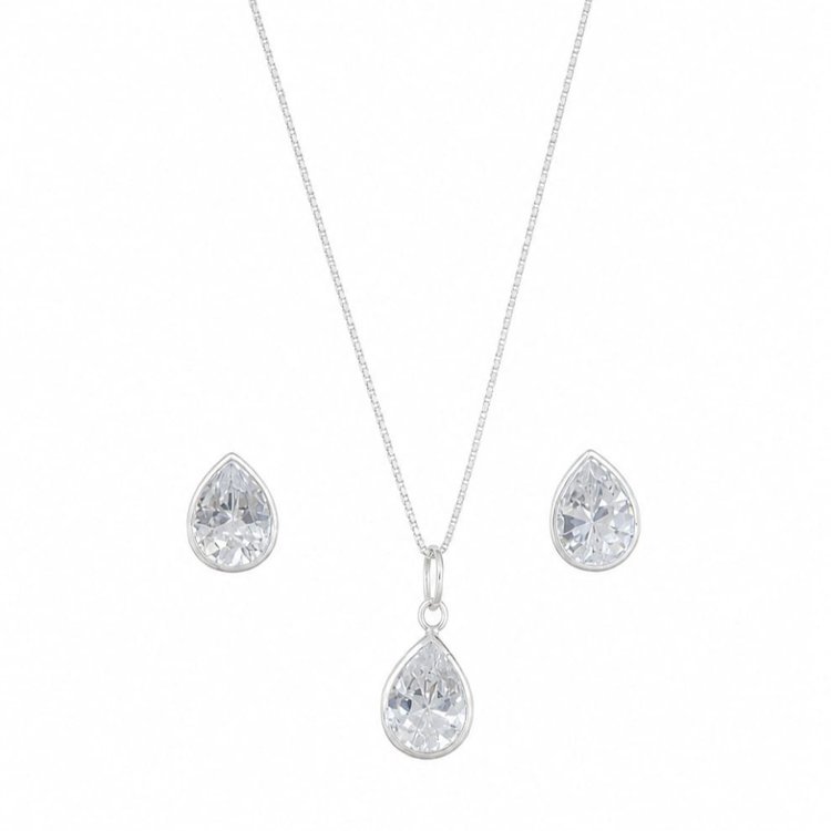 Conjunto Ponto De Luz Gota Pedra Branca Prata 925