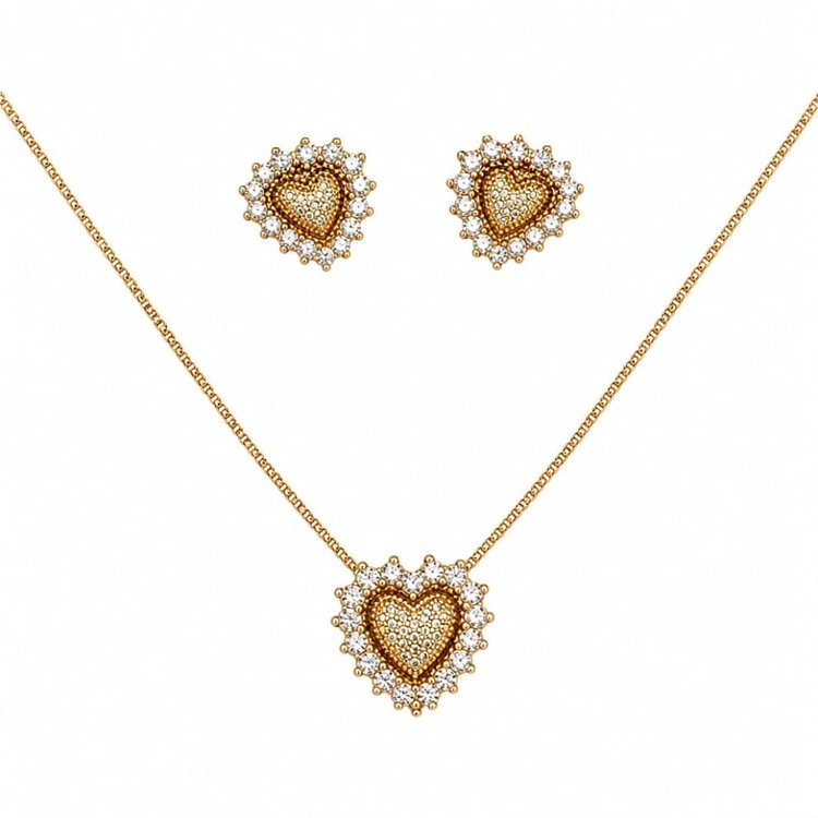 Conjunto Coração Pedras Zircônia Folheado 18k