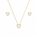Conjunto Corrente Brincos Coração Pedras Folheado 18k