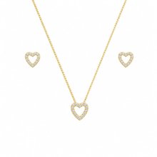 Conjunto Corrente Brincos Coração Pedras Folheado 18k