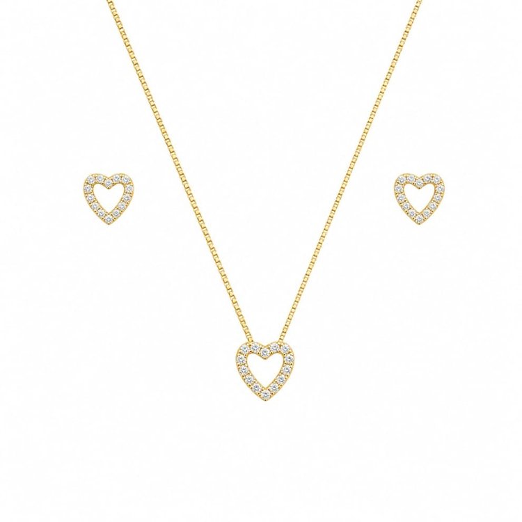 Conjunto Corrente Brincos Coração Pedras Folheado 18k