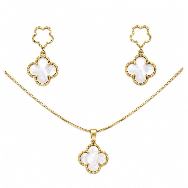 Conjunto Corrente Brincos Madrepérola Folheado Ouro 18