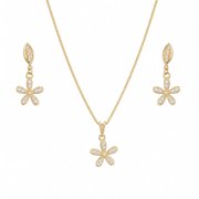 Conjunto Corrente Brincos Flor Zircônias Folheado 18k