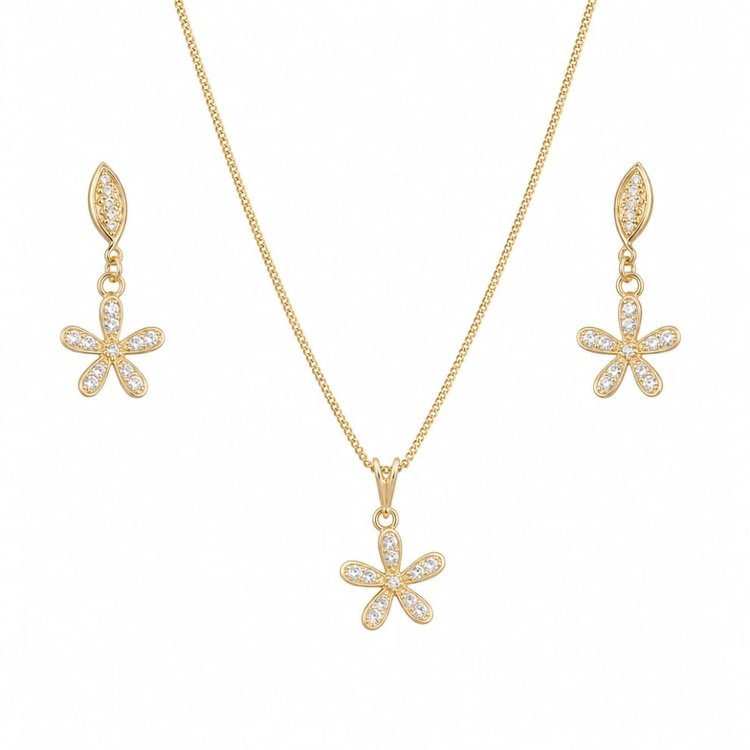 Conjunto Corrente Brincos Flor Zircônias Folheado 18k