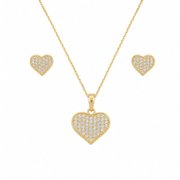 Conjunto Corrente Brinco Coração Zircônia Folheado 18k