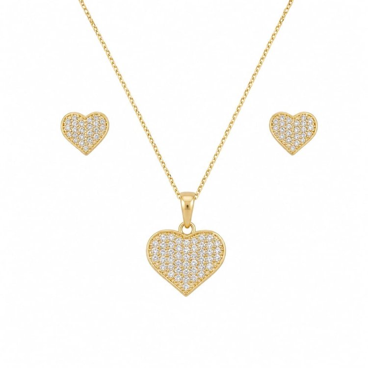 Conjunto Corrente Brinco Coração Zircônia Folheado 18k