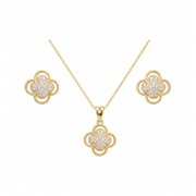 Conjunto Corrente Brincos Trevo Zircônias Folheado 18k
