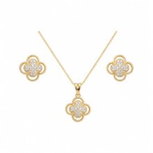Conjunto Corrente Brincos Trevo Zircônias Folheado 18k