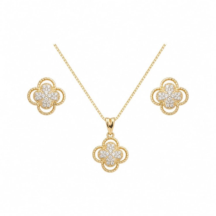 Conjunto Corrente Brincos Trevo Zircônias Folheado 18k