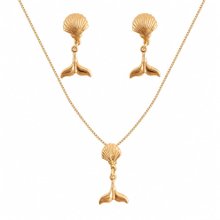 Conjunto Corrente Brincos Rabo Baleia Banho Ouro 18k