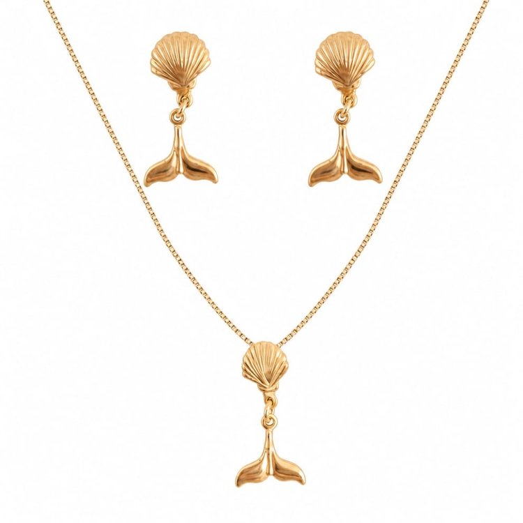 Conjunto Corrente Brincos Rabo Baleia Banho Ouro 18k