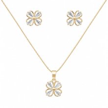 Conjunto Corrente Brincos Flor Zircônias Banho Ouro 18