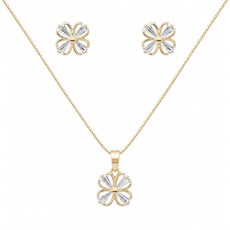 Conjunto Corrente Brincos Flor Zircônias Banho Ouro 18