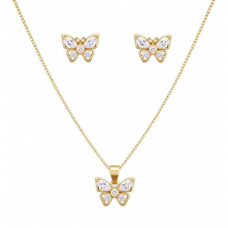 Conjunto Colar Brincos Borboleta Banho De Ouro 18k