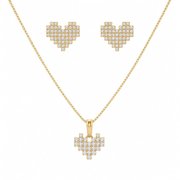 Kit Colar Brinco Coração Quadriculado Banho Ouro 18k